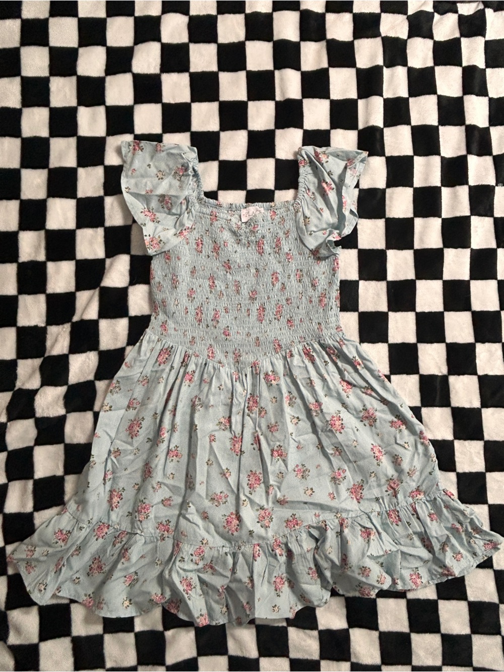 Place Light Blue Floral Ruffle Dress with Pink Flowers